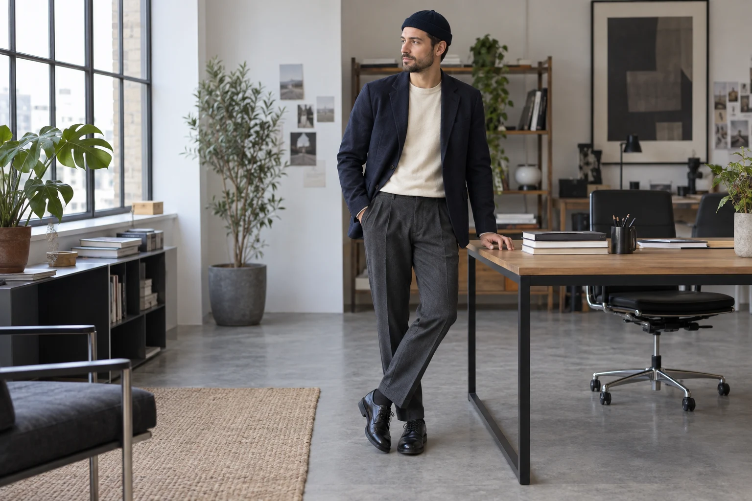 Homme en bonnet docker marine, blazer et pantalon anthracite près d’un bureau