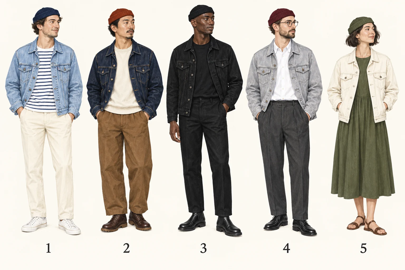 Cinq tenues : denim bleu clair et bonnet marine, indigo et rouille, noir sur noir, gris et bordeaux, écru et olive.