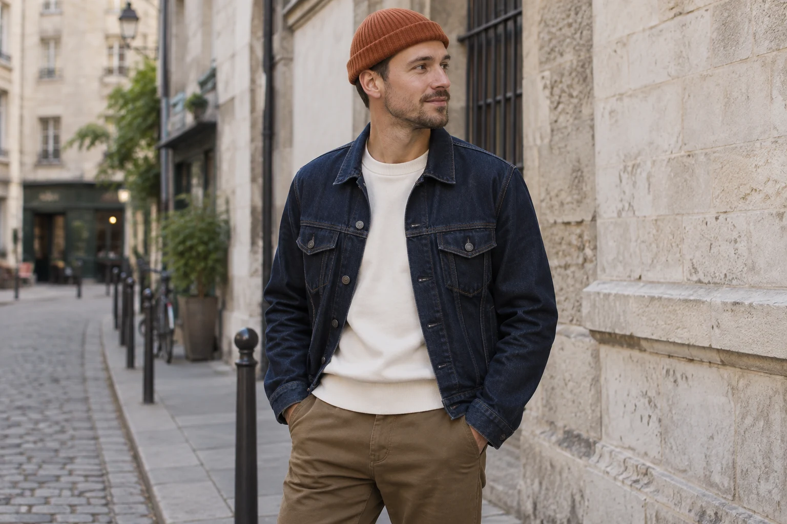 Bonnet docker rouille porté au-dessus des oreilles avec une veste en jean indigo et un sweat écru.